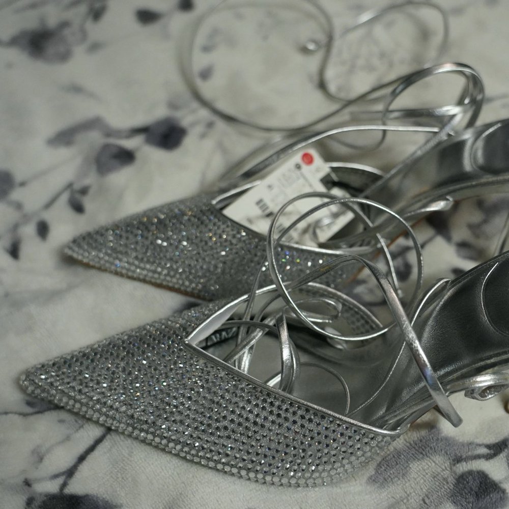 Zara - Silver Rhinestone ankle lace up wrap stiletto heels